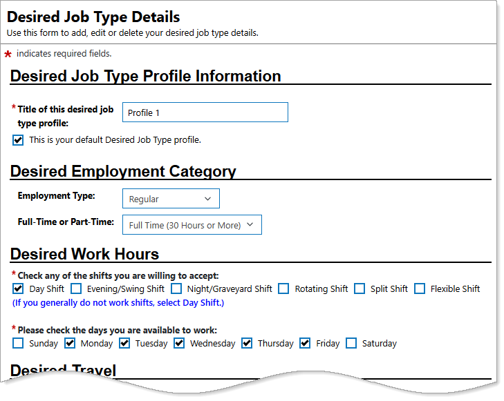 Personal Profile – Background Tab – Additional Employer Searchable Items – Desired Job Type Details