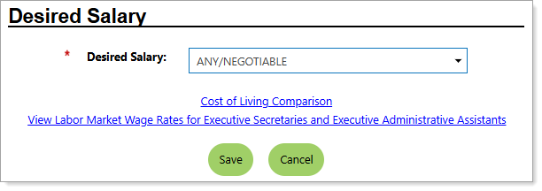 Personal Profile – Background Tab – Additional Employer Searchable Items – Selecting a Desired Salary