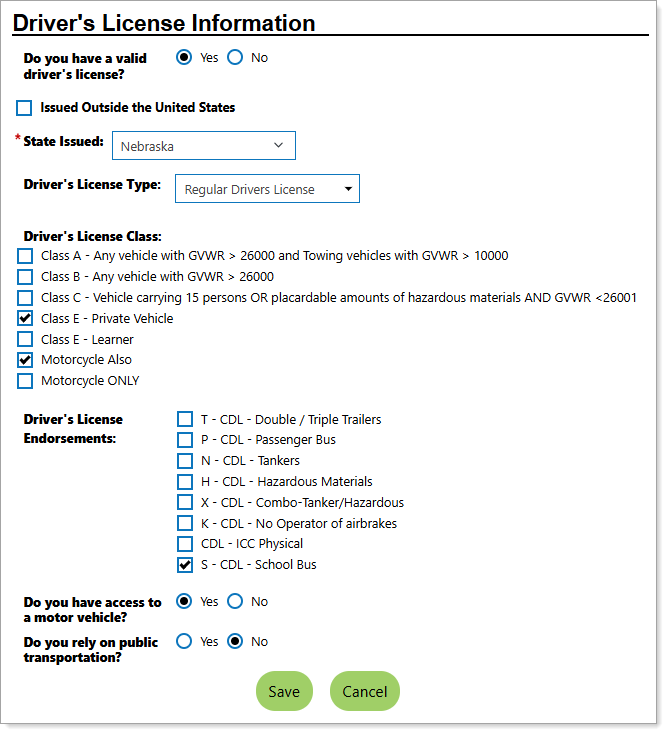 Personal Profile – Background Tab – Additional Employer Searchable Items – Adding Driver's License Information