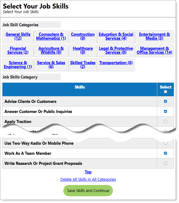 Select Your Job Skills Page