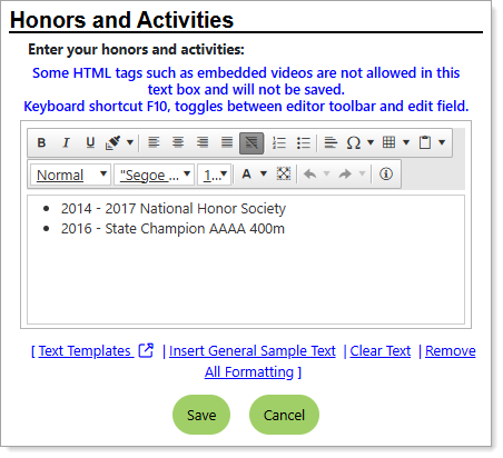 Honors and Activities Page