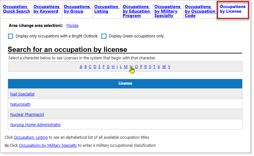 Occupations by License Search Tab