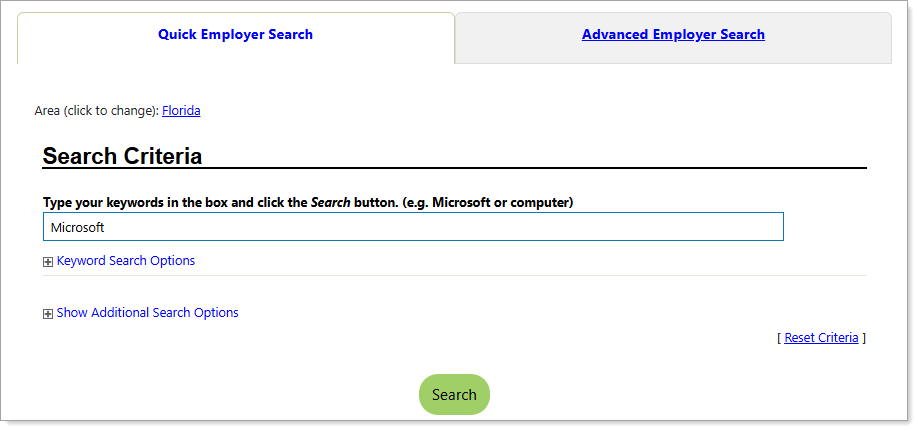 Quick Employer Search tab