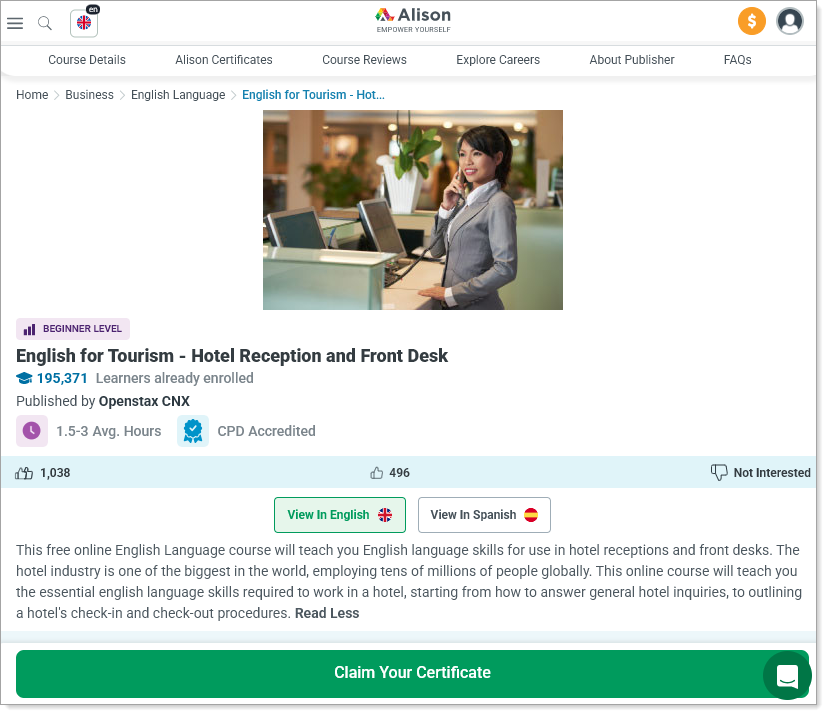 Alison Course Description page
