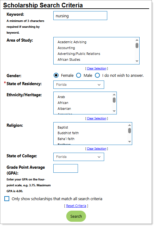 Scholarship Search Page