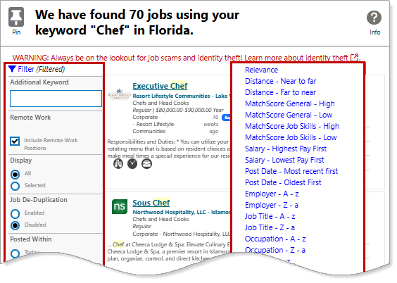 Job Search Results page — Filter and Sort Features