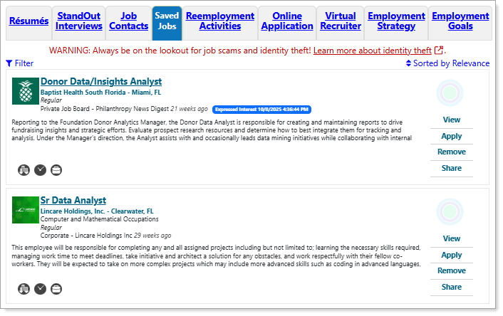 Employment Plan Profile — Saved Jobs Tab