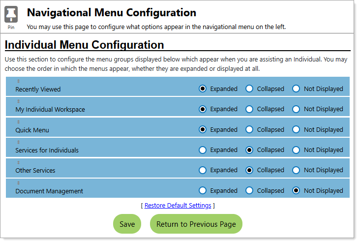 Navigational Menu Configuration Page
