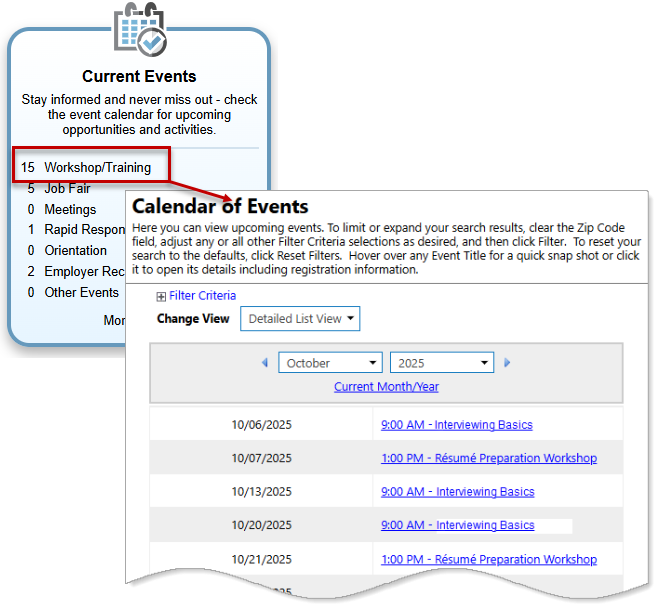 Events Calendar Filtered for Workshop/Training Category from Current Events Widget