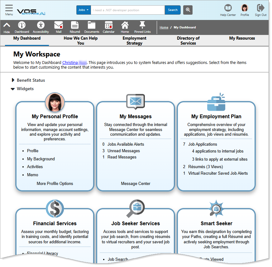 My Dashboard – Widgets Section
