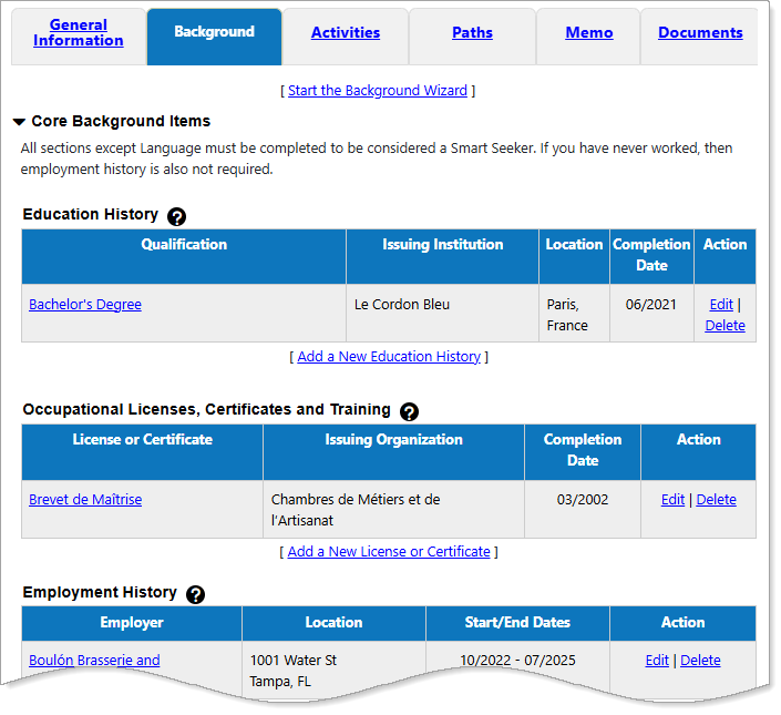 Personal Profile – Background Information Tab