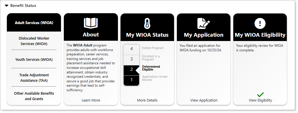 Dashboard – Adult WIOA Services Benefits Status Cards